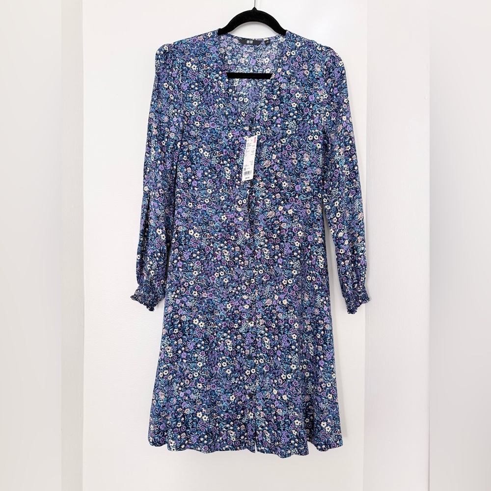 WOMEN  PRINTED V NECK  UNIQLO  LONG SLEEVE  FLARE MINI DRESS  XS